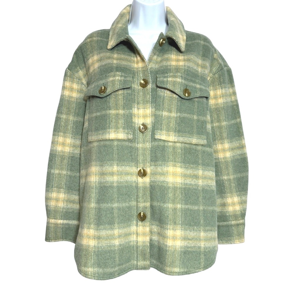 BP Shirt Jacket Pockets Womens S Green Plaid Button Up‎ Wool Blend Oversized